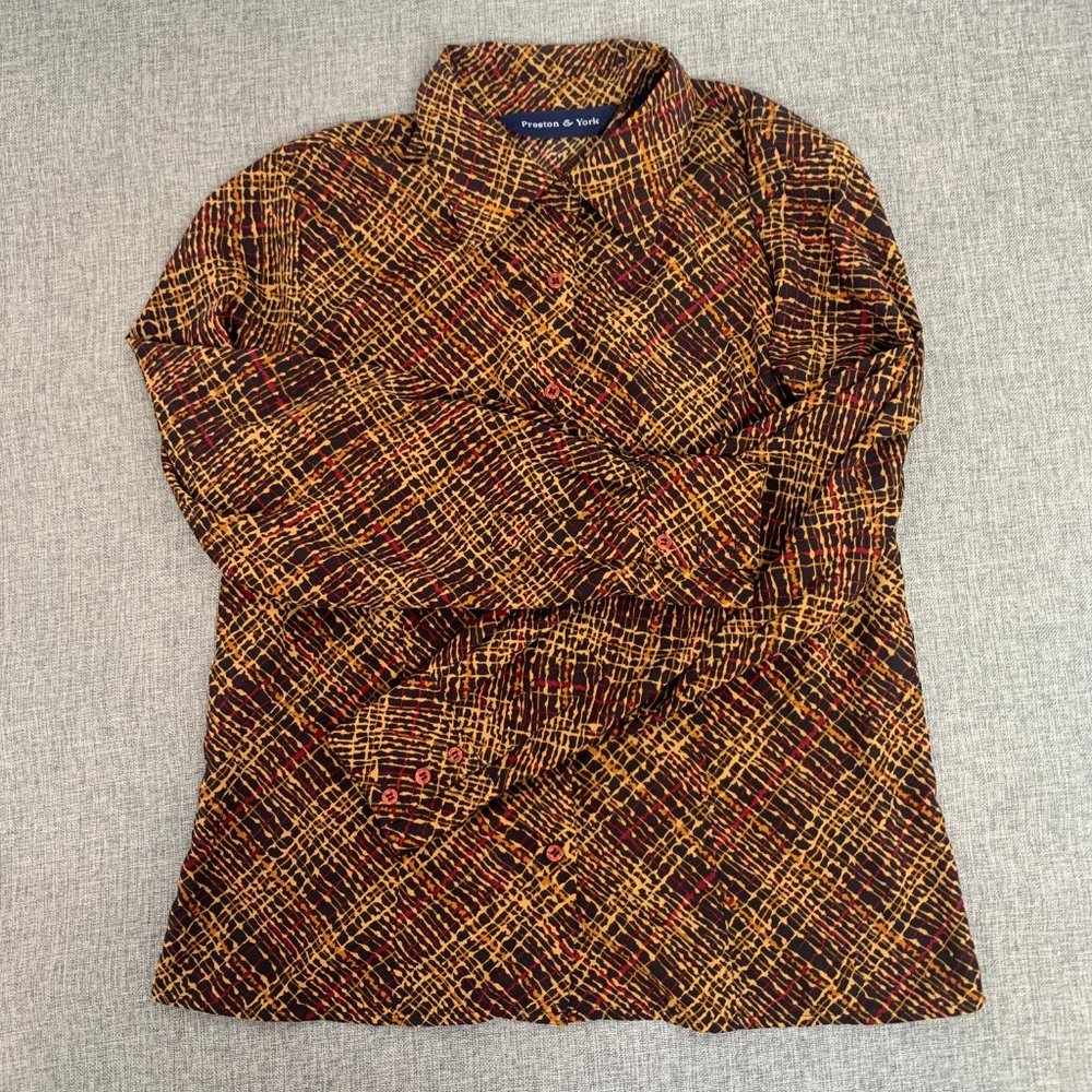Preston & York Button Down Blouse Collared long Sleeve 100% Polyester Size 10